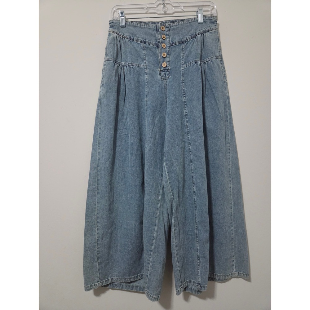 Umgee Light Wash Denim Wide Leg Palazzo Pants Culottes Blue Small K1285